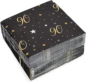 100 Pack Bulk Happy 90th Birthday Napkins for Party Decorations, 2-Ply, Black and Gold (6.5 x 6.5 In)