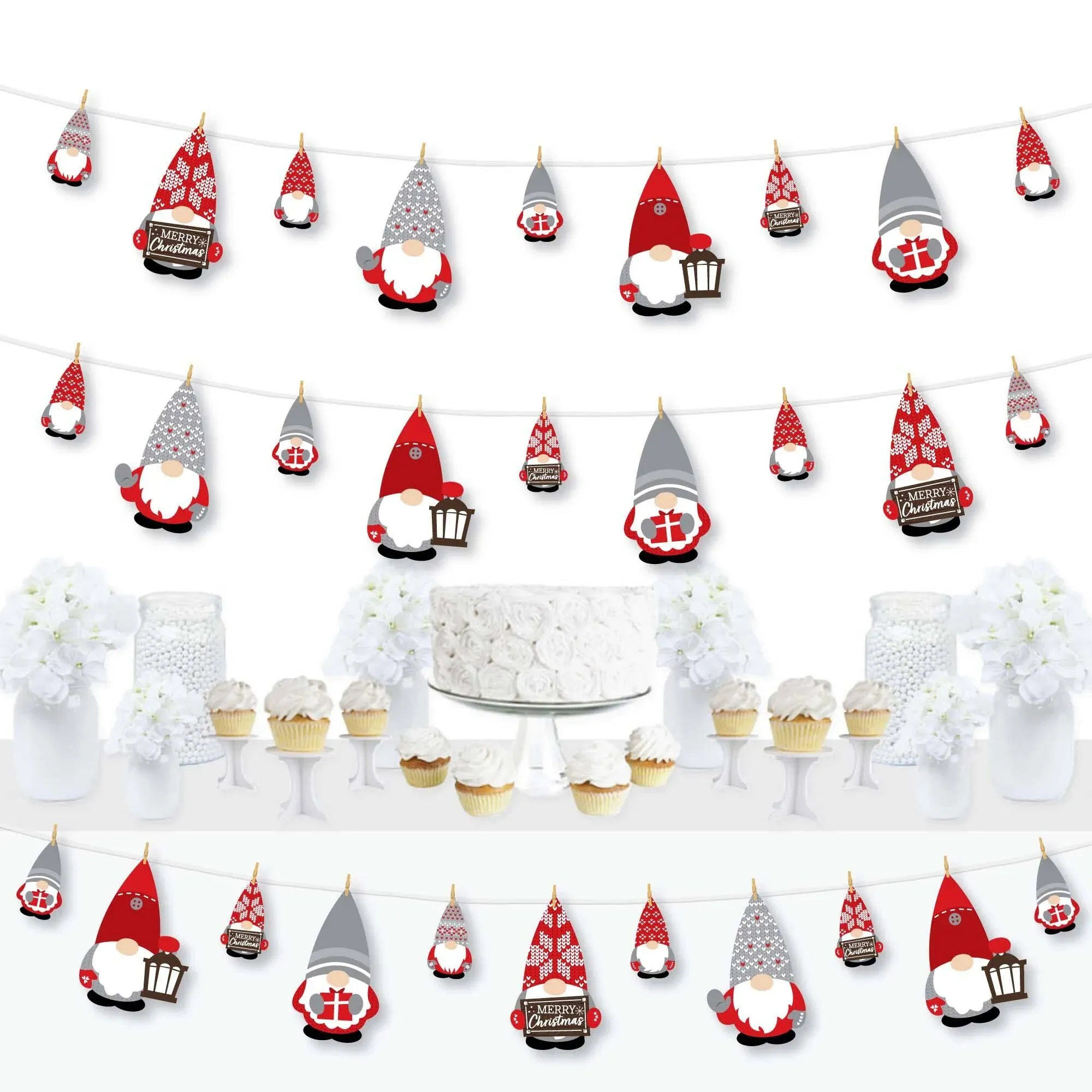 Christmas Gnomes - Holiday Party Decor - Clothespin Garland Banner - 44 Pieces