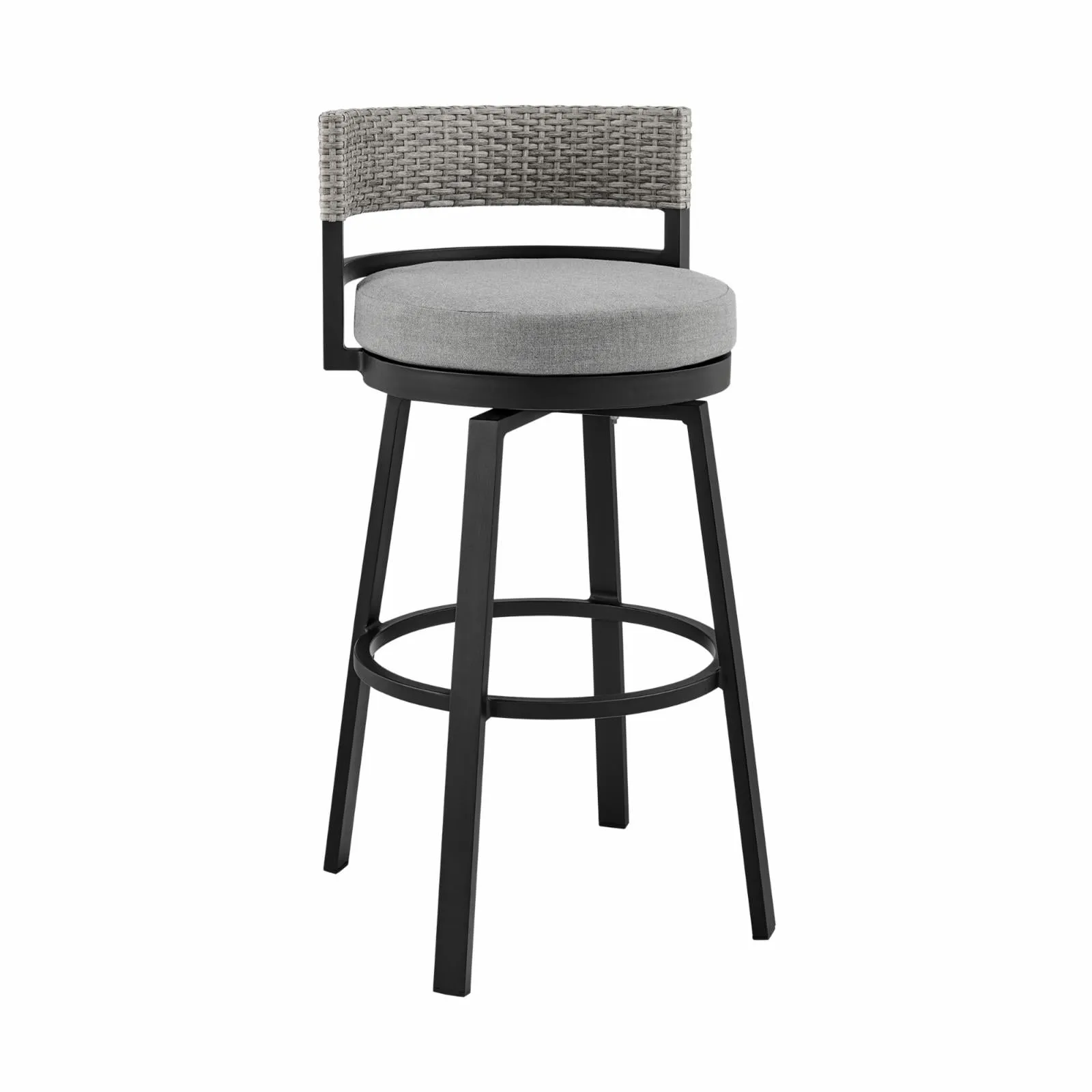 Armen Living Encinitas Outdoor Patio Counter Height Swivel Bar Stool in Aluminum and Wicker with Grey Cushions