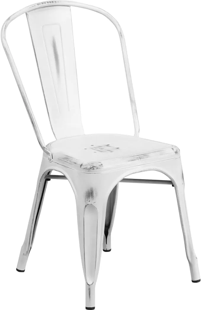 Distressed White Metal Indoor-Outdoor Stackable Chair