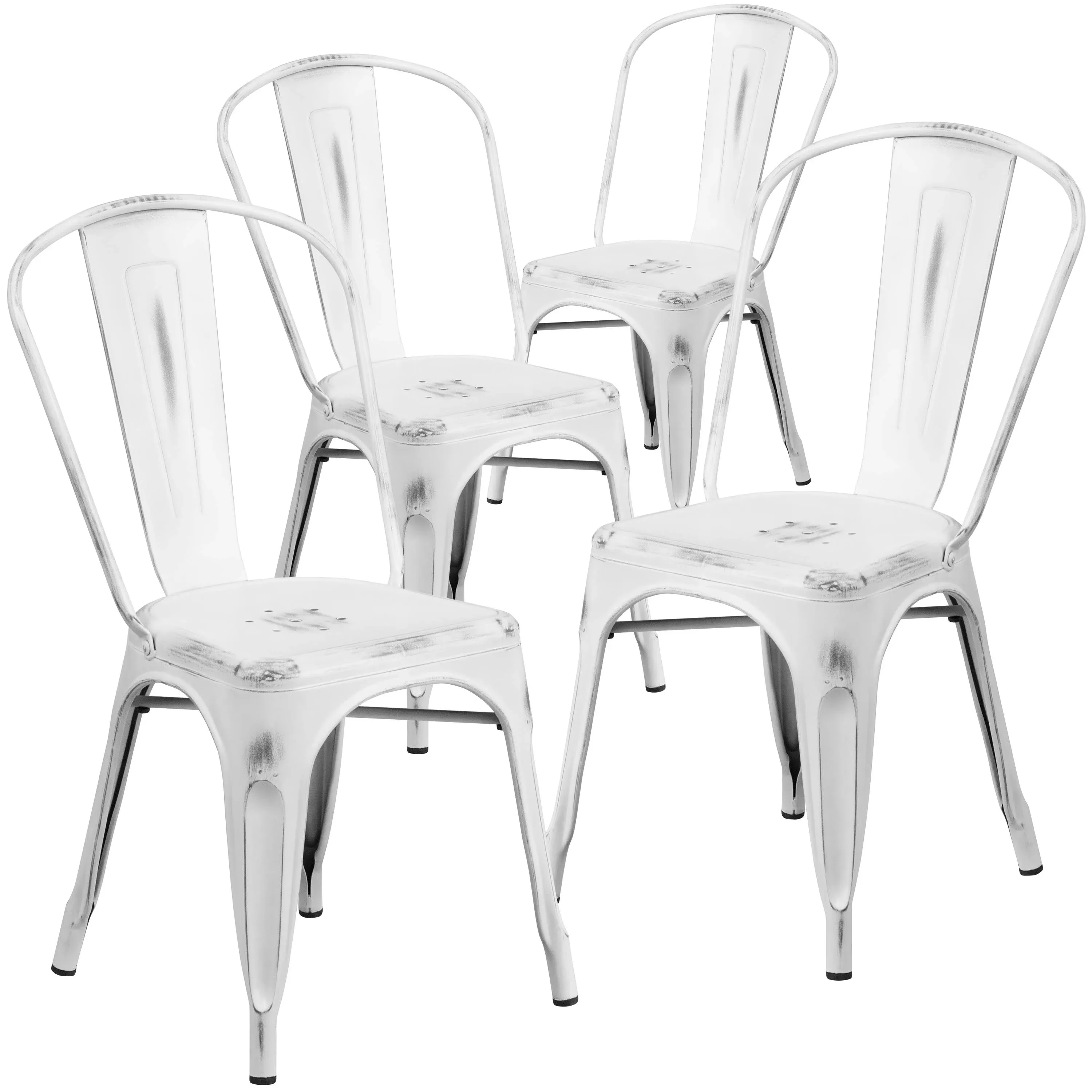 Distressed White Metal Indoor-Outdoor Stackable Chair