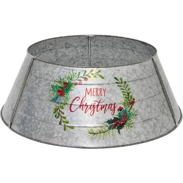 Fraser Hill Farm Metal Christmas Tree Collar with Merry Christmas Greeting and Galvanized Finish - Bed Bath & Beyond - 38446856