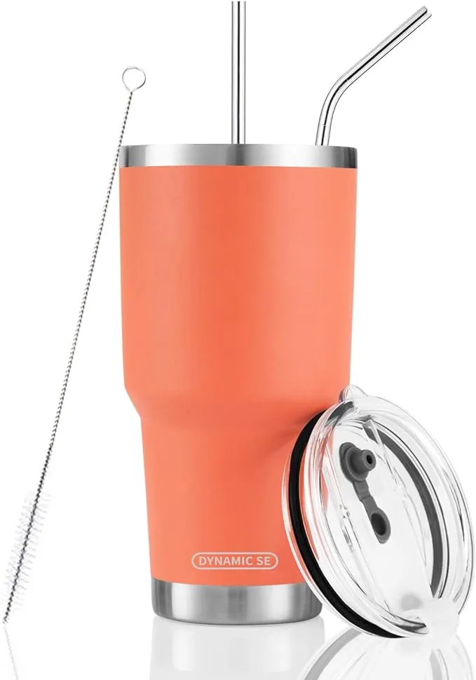 D·S 30oz Orange Tumbler Stainless Steel Insulated Travel Mug with Straw Lid Cleaning Brush (30oz Orange)