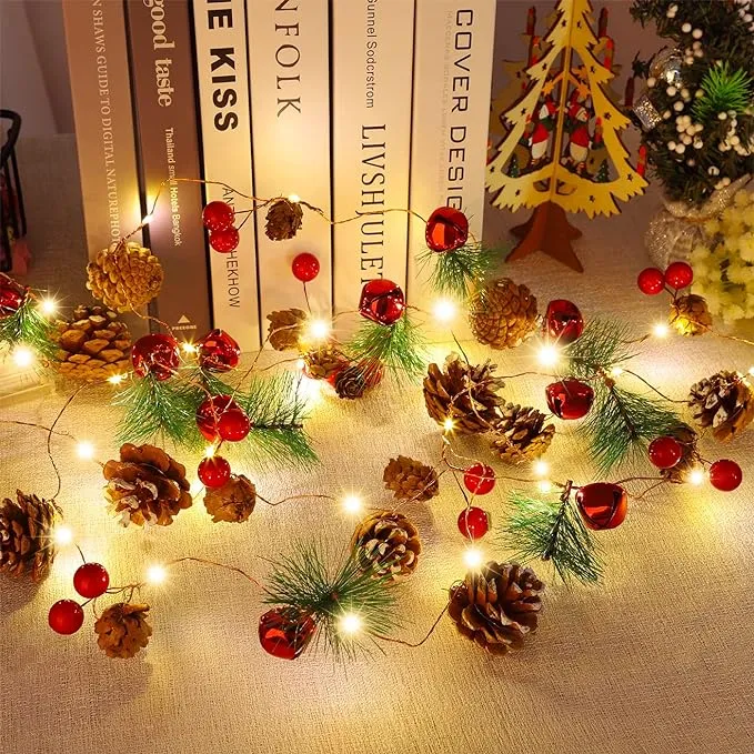 Christmas Garland with String Lights 10 Ft 30 LED Pine Cone Red Berry Bells Garland Lights, Indoor Christmas Decorations for Home and Fireplace Mantel Decor,Christmas Tree Decor (Warm White)