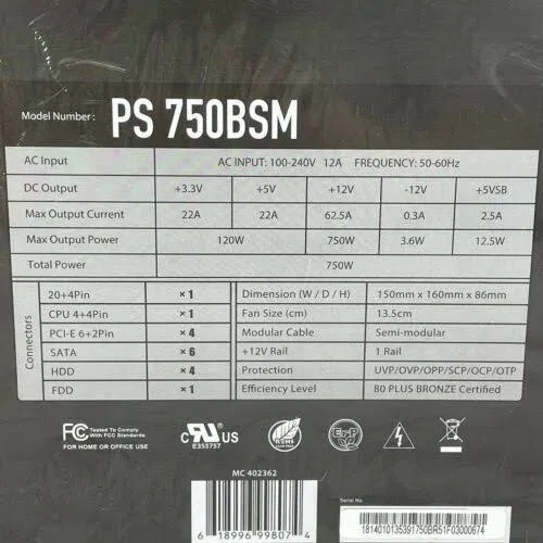 PowerSpec 750 Watt 80 Plus Bronze ATX Semi-Modular Power Supply Active PFC SLI Crossfire Ready Gaming PC Computer Switching PSU