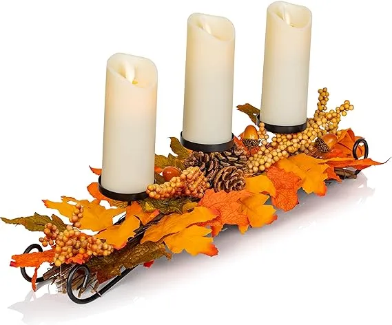 Ornativity Maple Leaves Candle Holder - Thanksgiving Fall Atumn Harvest Themed Candleholder Table Centerpiece Decorations with Pinecones and Acorns