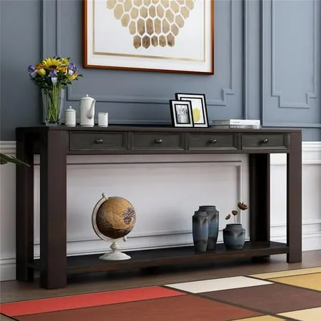 Console Table for Entryway Hallway Sofa Table with 4 Storage Drawers and Bottom Shelf，Black