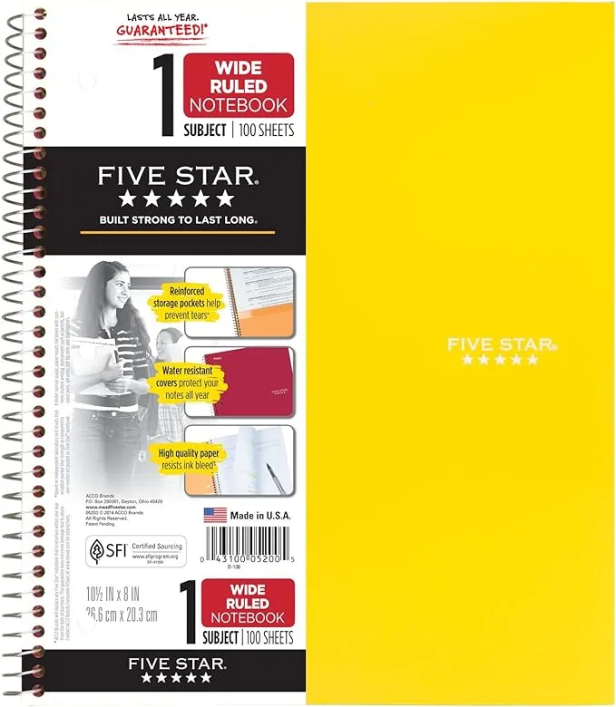 Five Star Spiral Notebook, 1 Subject, Wide Ruled Paper, 100 Sheets, 10-1/2" x 8", Red (72017)