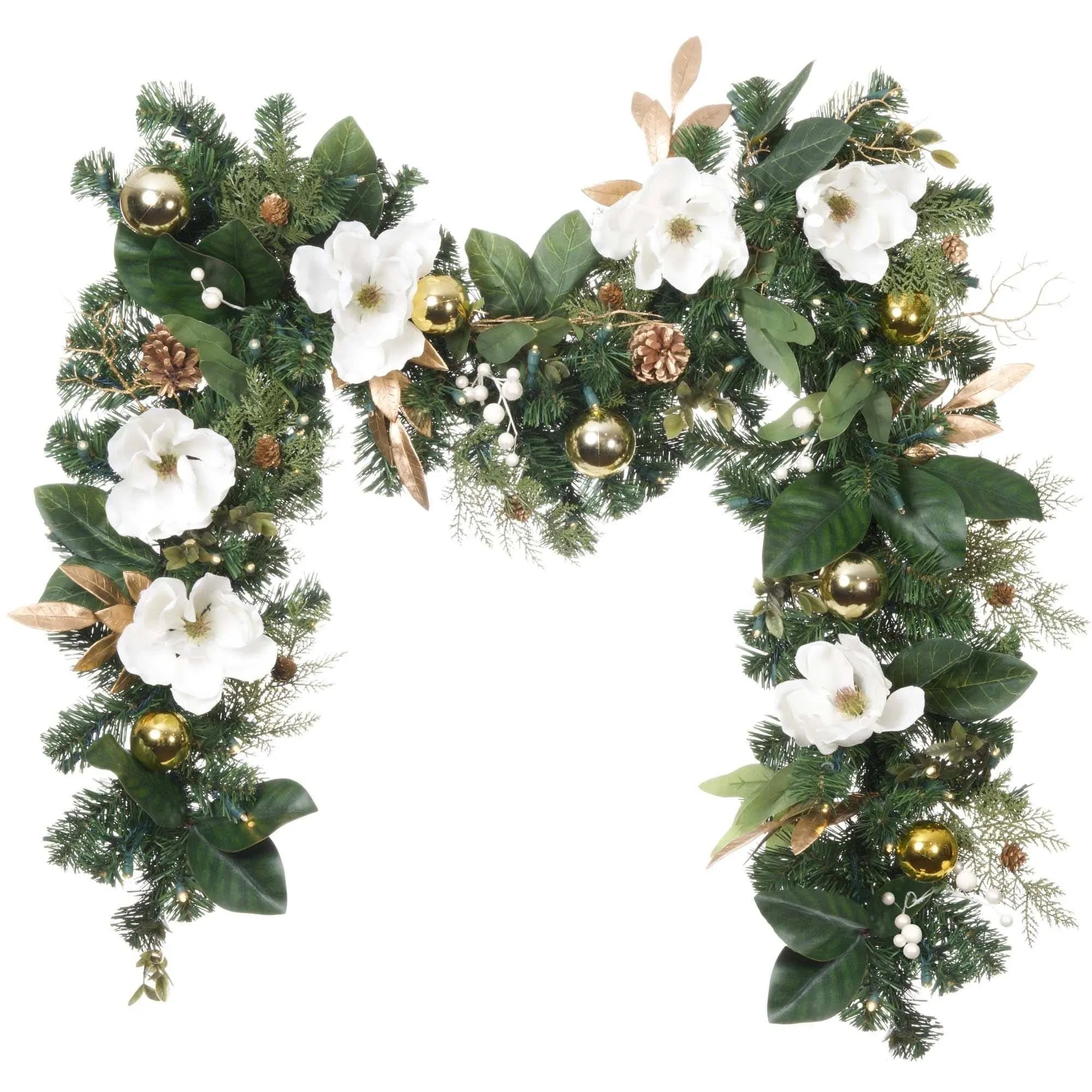 "Company 9' Artificial Christmas Garland With Lights, White Gold-tone Magnolia In Assorted"