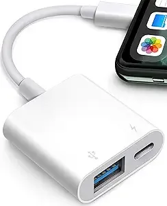 USB Adapter for iPhone iPad, iPhone to USB Adapter with Charging Port, USB3 Female Adapter Supports USB Flash Drive/Hard Disk/SD Card Reader/Microphone and MIDI, Plug & Play