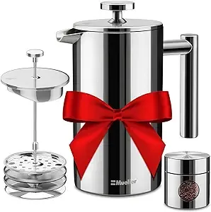 Mueller Stainless Steel French Press Coffee Maker 20 oz, 3 Level Filtration System, No Coffee Grounds, Rust-Free, Dishwasher Safe