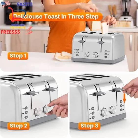 Toaster 4 Slice,retro Stainless Steel Toater With 7 Shade