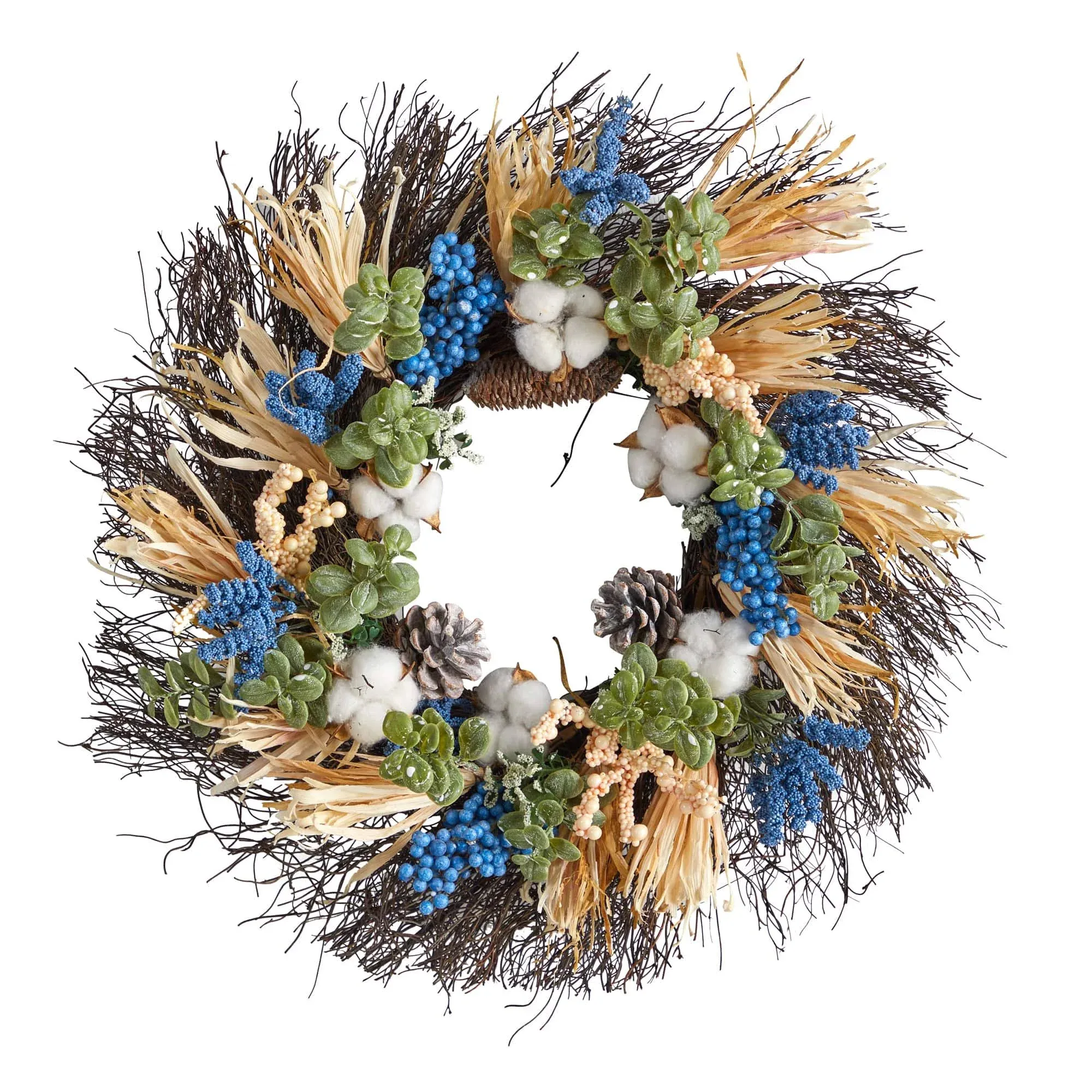 22" Autumn Cotton, Eucalyptus, Berries and Pinecones Artificial Fall Wreath