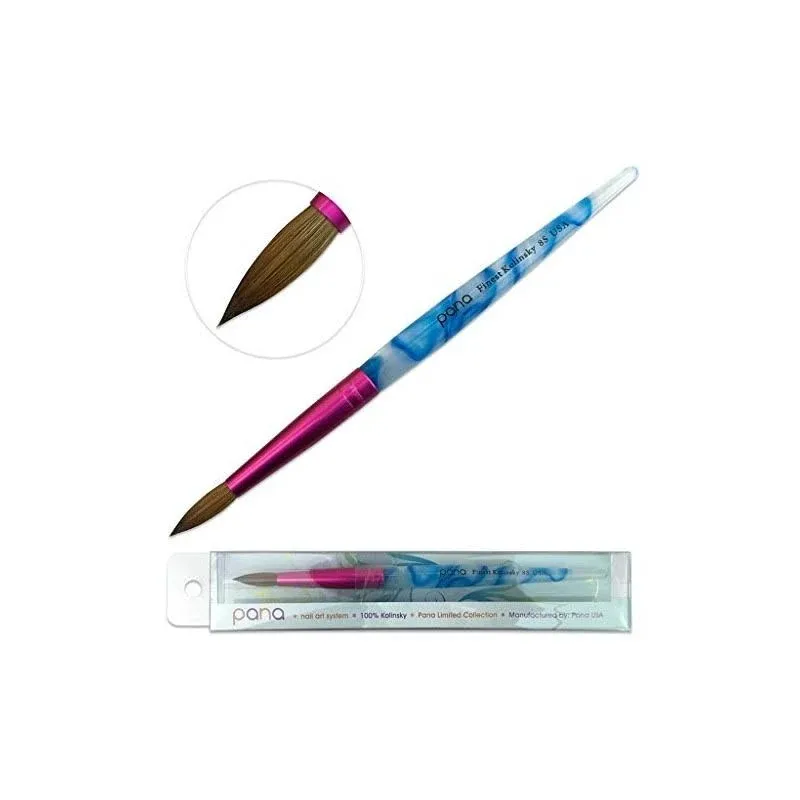 Pana USA Acrylic Nail Brush Pure Kolinsky Hair Acrylic White Swirl Blue Handle with Pink Ferrule Round Shaped - Size 8