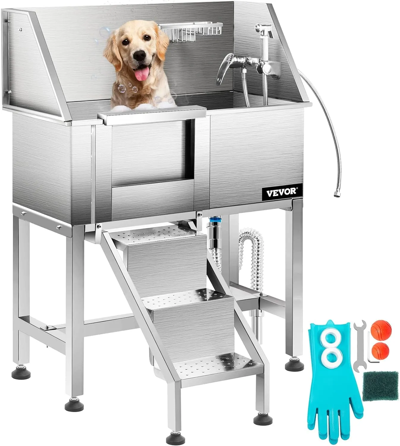 VEVOR 38 Stainless Steel Dog Grooming Tub with Stairs Left