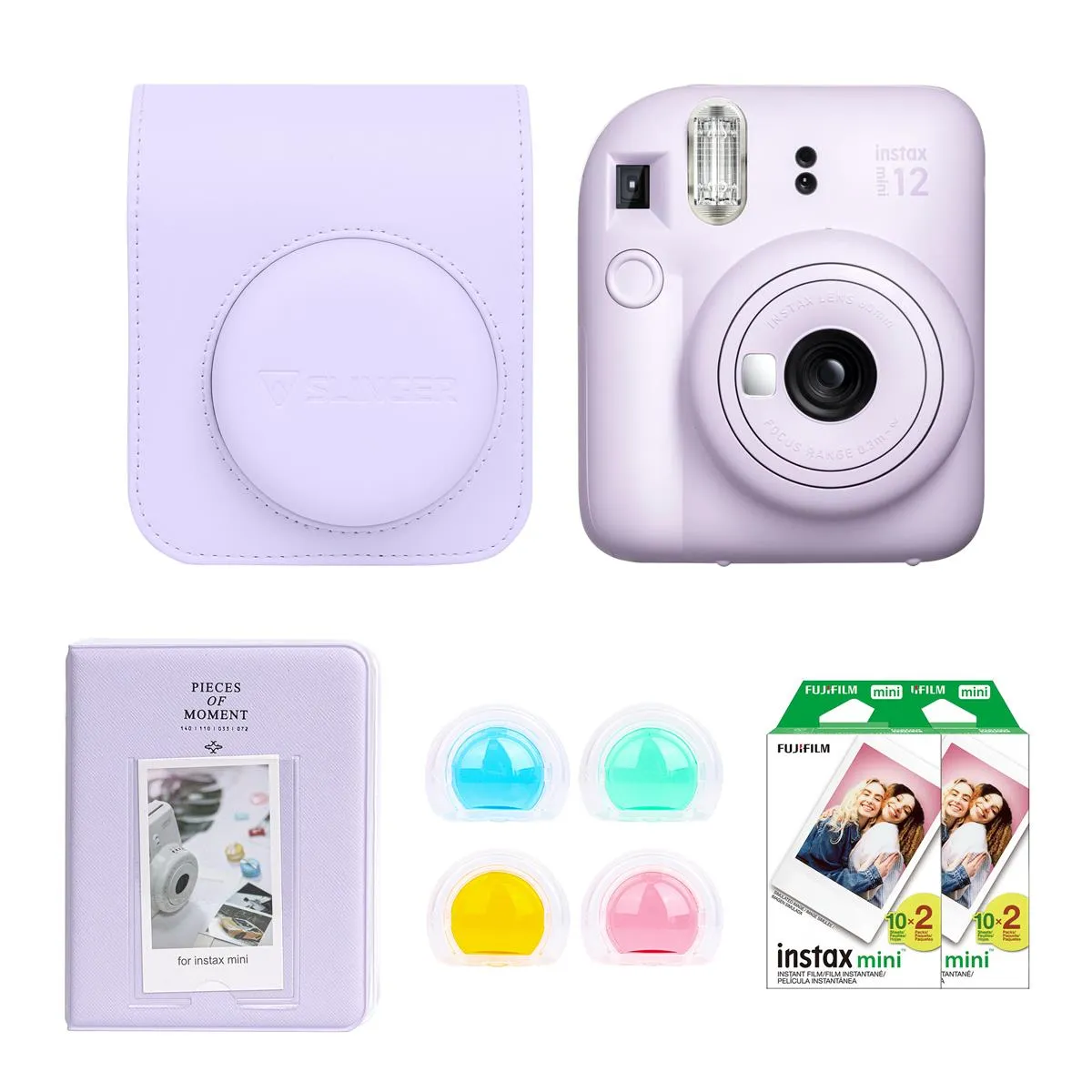 Fujifilm Instax Mini 12 Instant Film Camera, Lilac Purple, Bundle with Accessory Kit and 2x Twin Pack Daylight Film