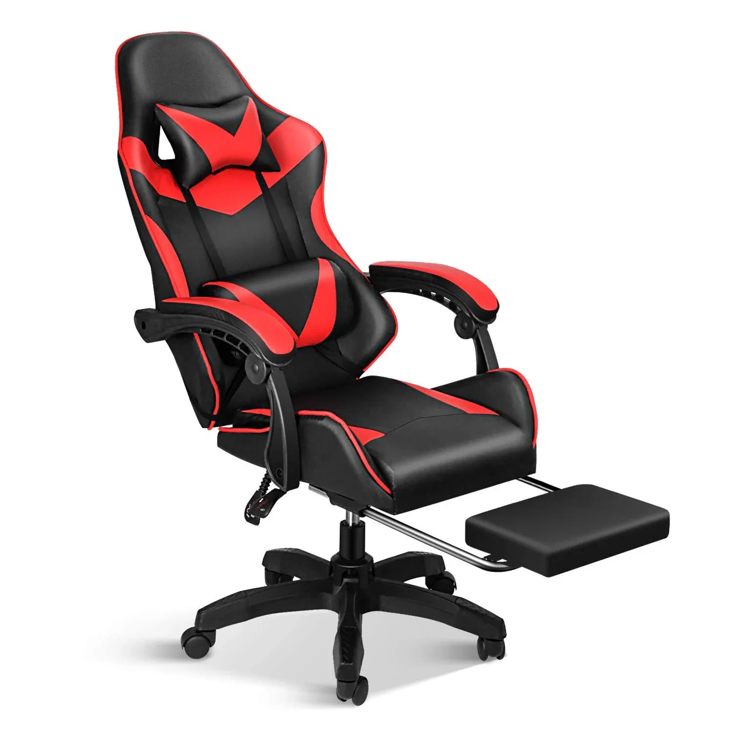 Gaming-Stuhl, Rückenlehne und Sitz, höhenverstellbar, Drehstuhl, Rennstuhl, Büro, Computer, ergonomischer Videospielstuhl mit Fußstütze und Lendenwirbelstütze, Rot/Schwarz