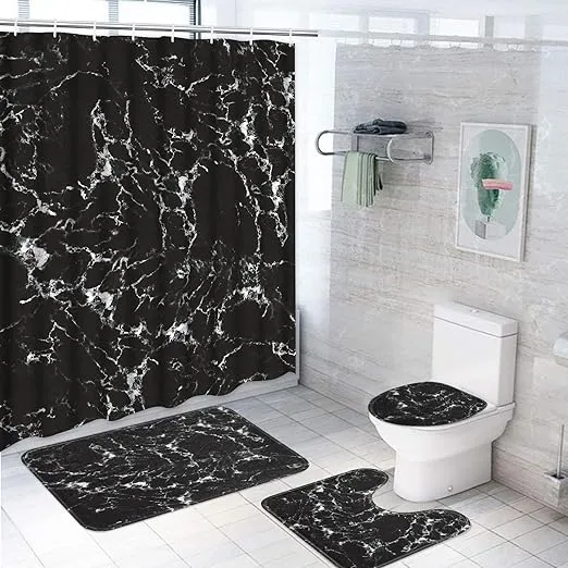 4 Pcs Black and White Shower Curtain Set with Non-Slip Rug, Toilet Lid Cover