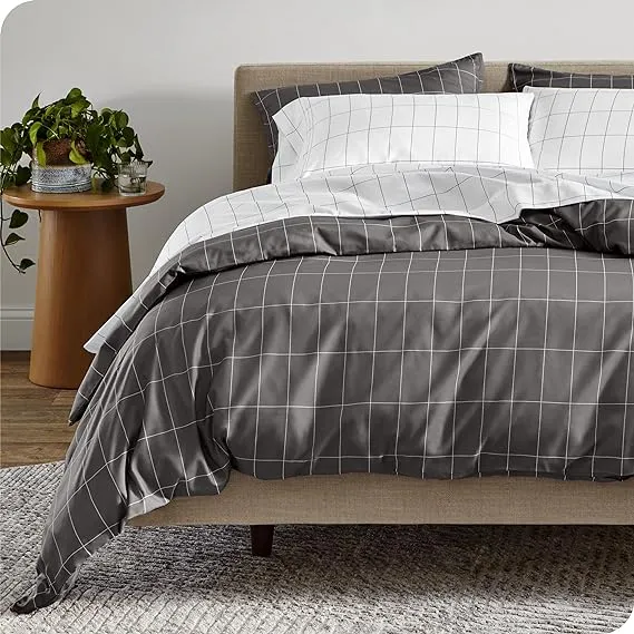 Bare Home Double Brushed Queen Duvet Cover Set - Grid - Grey/White