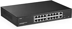 YuLinca 16 Port PoE Switch with 2 Gigabit Uplink, 10/100Mbps PoE+ Ports, 100/1000Mbps Uplink, IEEE802.3af/at, Max 200W, VLAN & PoE Extend 250m, Metal RackMount Fanless Unmanaged Ethernet Switch