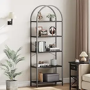 IDEALHOUSE Bookshelf 5 Tier Bookcase Arched Display Racks Tall Standing Bookshelves Metal Frame Open Storage Rack Shelf Large Black Book Shelf for