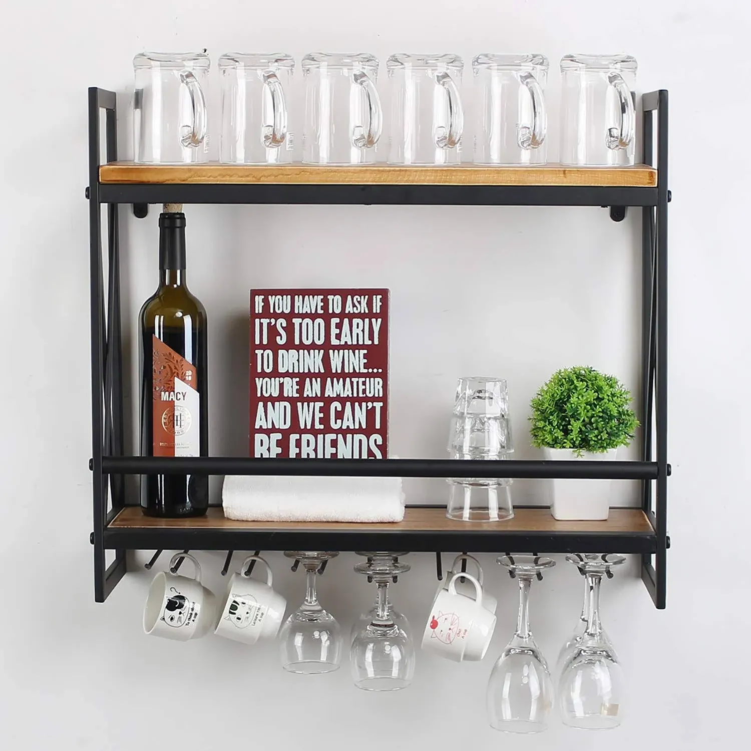 Rustic Wall Mounted Wine Racks with 6 Stem Glass Holder,23.6In Industrial