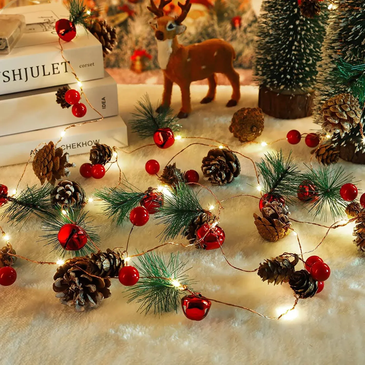 Christmas Garland with String Lights 10 Ft 30 LED Pine Cone Red Berry Bells 