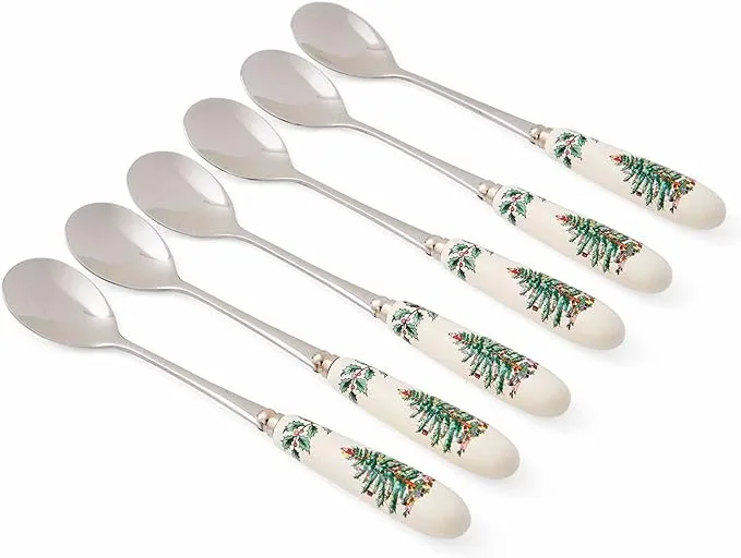 Spode Christmas Tree Teaspoons - Set of 6, Holiday Silverware for Desserts and Beverages, Stainless Steel Flatware with Porcelain Handles, 6-Inch Festive Dessert Spoons, Gift-Boxed