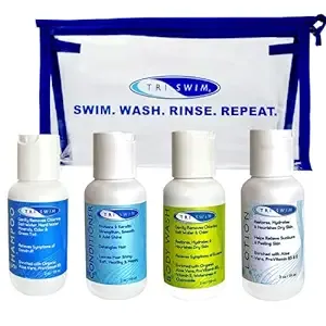 TRISWIM Shot Set Travel Set in Cosmetic Bag with Shampoo, Body Wash, Lotion, and Conditioner for Hydrated Skin and Healthy Hair