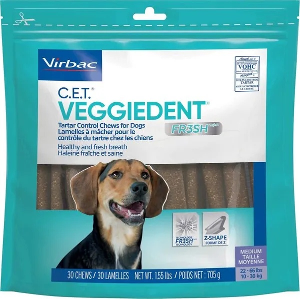 Virbac CET Veggiedent FR3SH Tartar Control Chews for Dogs, Medium (Pack of 30)Beef,1.6 pounds