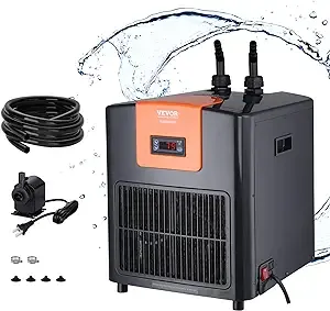 VEVOR Aquarium Chiller, 92 Gal 348 L, 1/4 HP Hydroponic Water Chiller, Quiet Refrigeration Compressor for Seawater and Fresh Water, Fish Tank Cooling System with Pump/Hose, for Jellyfish, Coral Reef