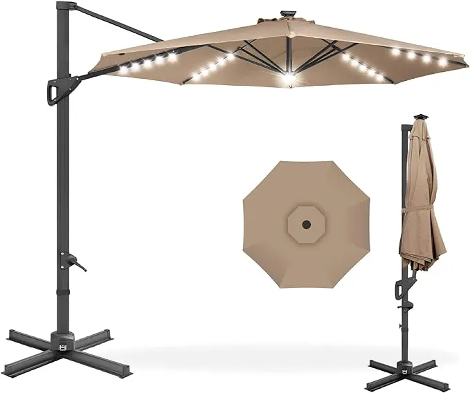 Best Choice Products 10ft Solar LED Cantilever Patio Umbrella, 360-Degree Rotation Hanging Offset Market Outdoor Sun Shade for Backyard, Deck, Poolside w/Lights, Easy Tilt, Cross Base - Tan