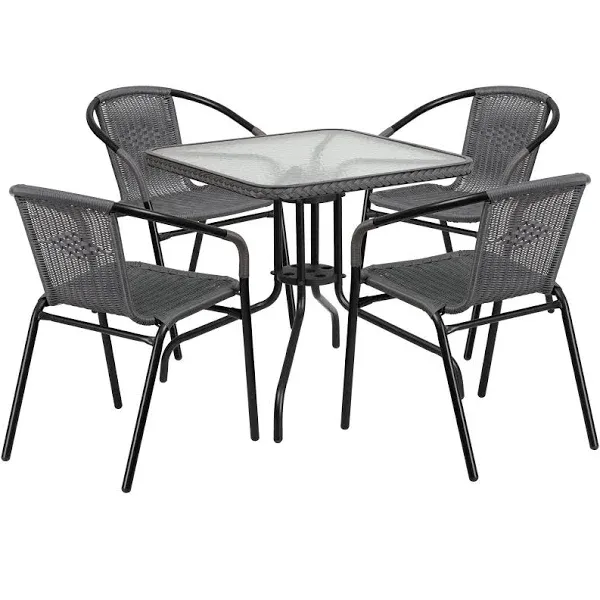 Flash Furniture 28'' Square Glass Metal Table with Gray Rattan Edging and 4 Gray Rattan Stack Chairs