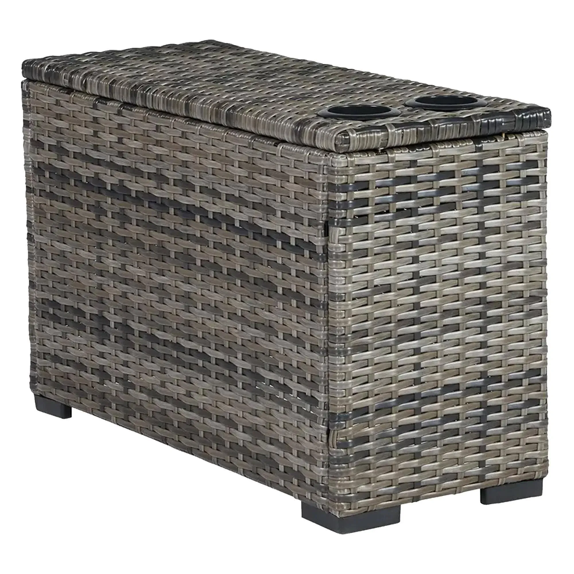 Signature Design by Ashley Harbor Court Outdoor Resin Wicker Handwoven Over Rust-Free Aluminum Framed Console with 2 Drink Holders, Gray