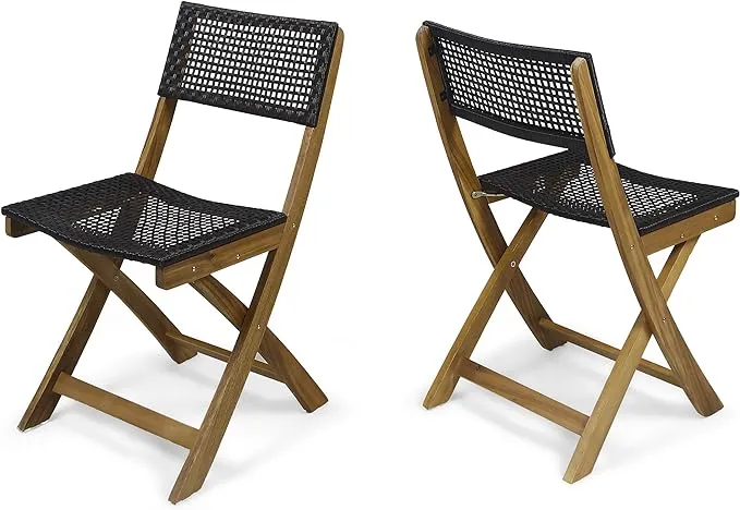 Truda Outdoor Acacia Wood Foldable Bistro Chairs with Wicker Seating (Set of 2 ...