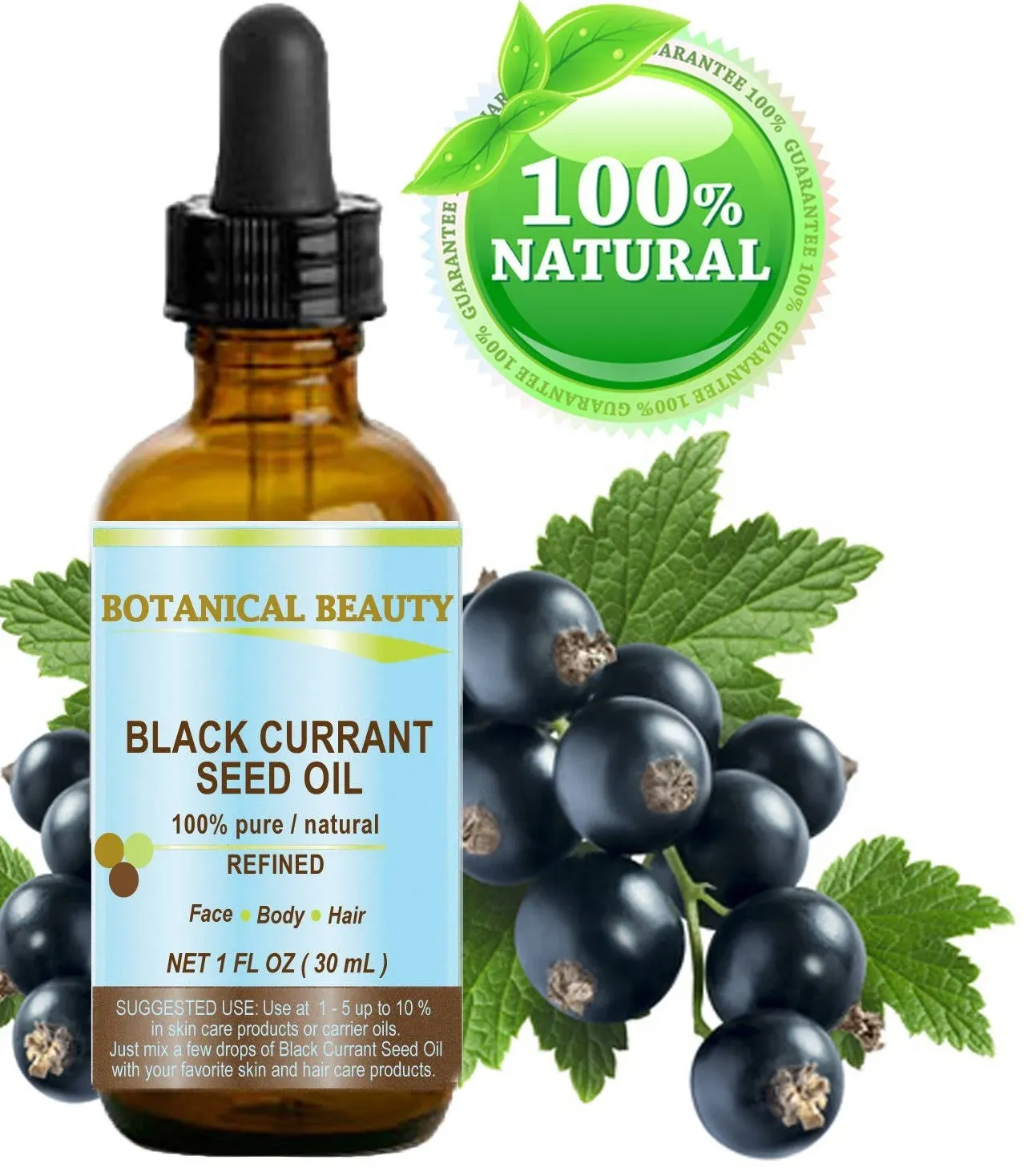 BLACK CURRANT SEED OIL 100% Pure Natural Undiluted Refined Cold Pressed Carrier oil. 1 Fl.oz. - 30 ml For Face, Skin, Hair, Lip, Nails. Rich in Gamma Linolenic acid, Omega 3 by Botanical Beauty