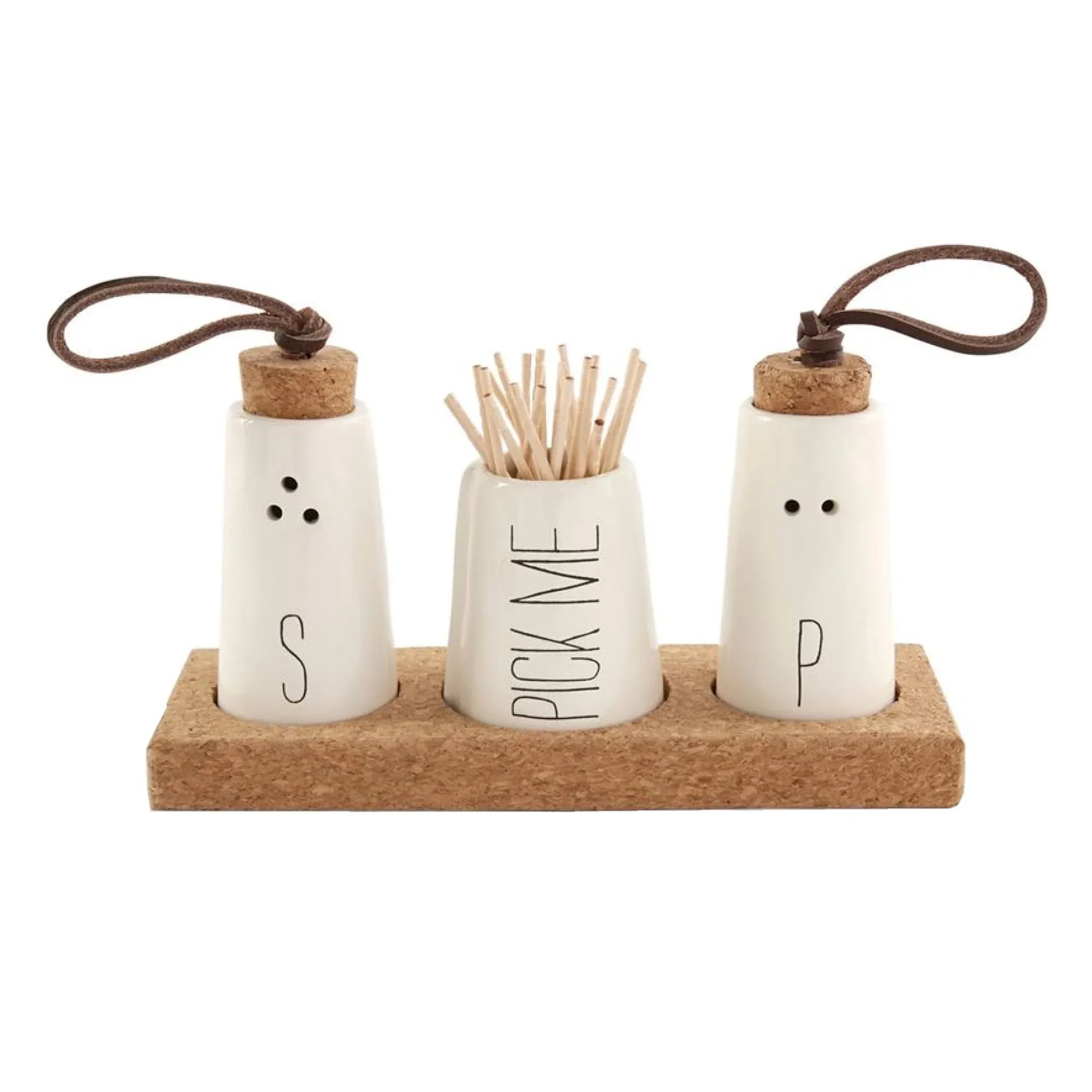 Mud Pie, Off-White Salt, Pepper & Toothpick Holder, Size: tray 2" x 6" | shakers 2 3/4" x 1 1/2" dia