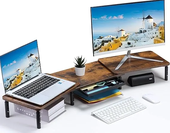 Ethu Dual Monitor Stand, Dual Monitor Riser for 2 Monitors with Storage Drawer, 3 ...