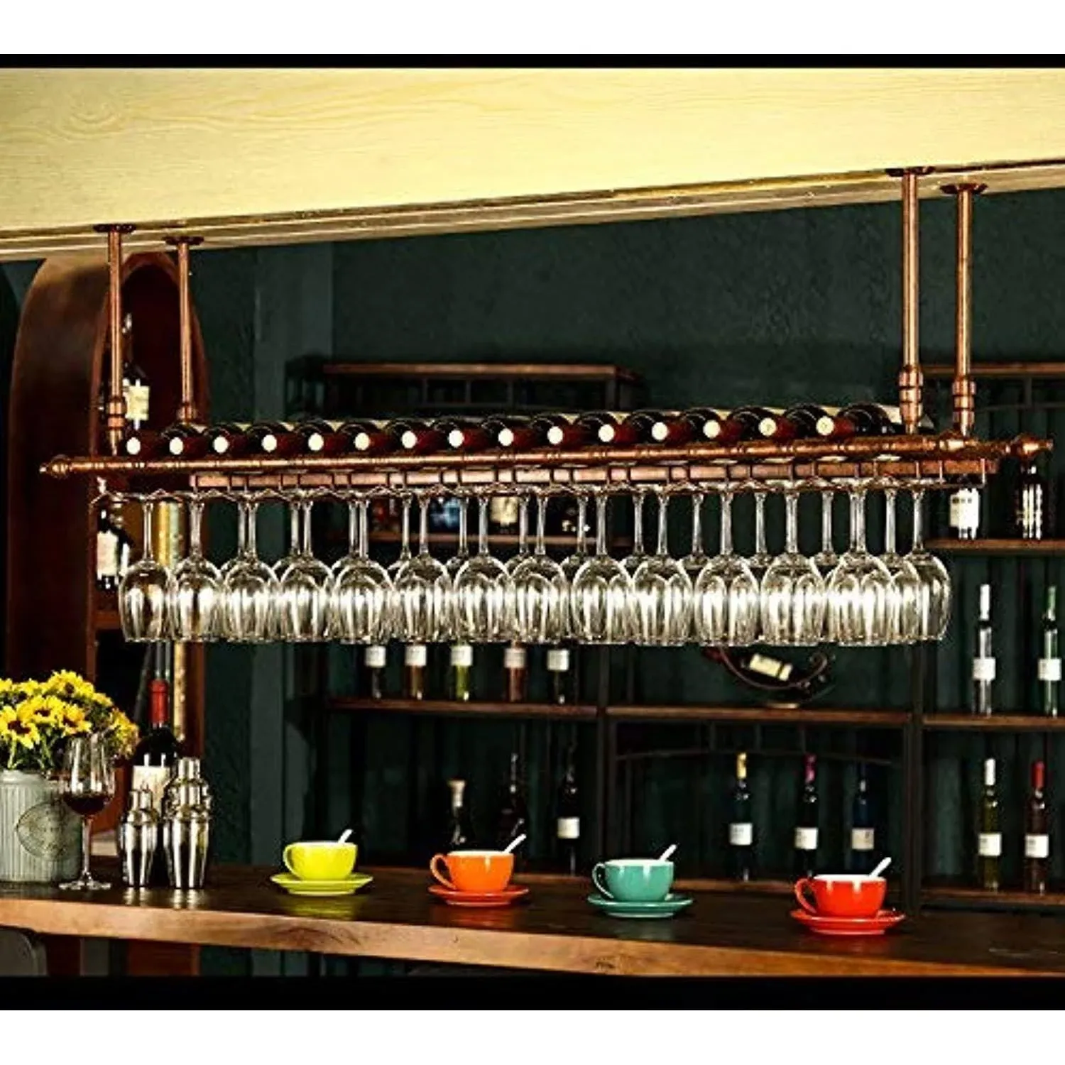  Wine Bar Wall Rack 60&#039;&#039; Hanging Bar Glass Rack&amp;Hanging Bottle Holder Bronze