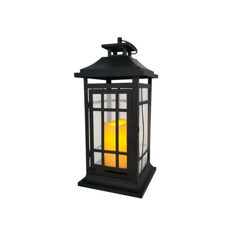 LumaBase 17" Black Window Battery-Operated Metal Lantern with LED Candle