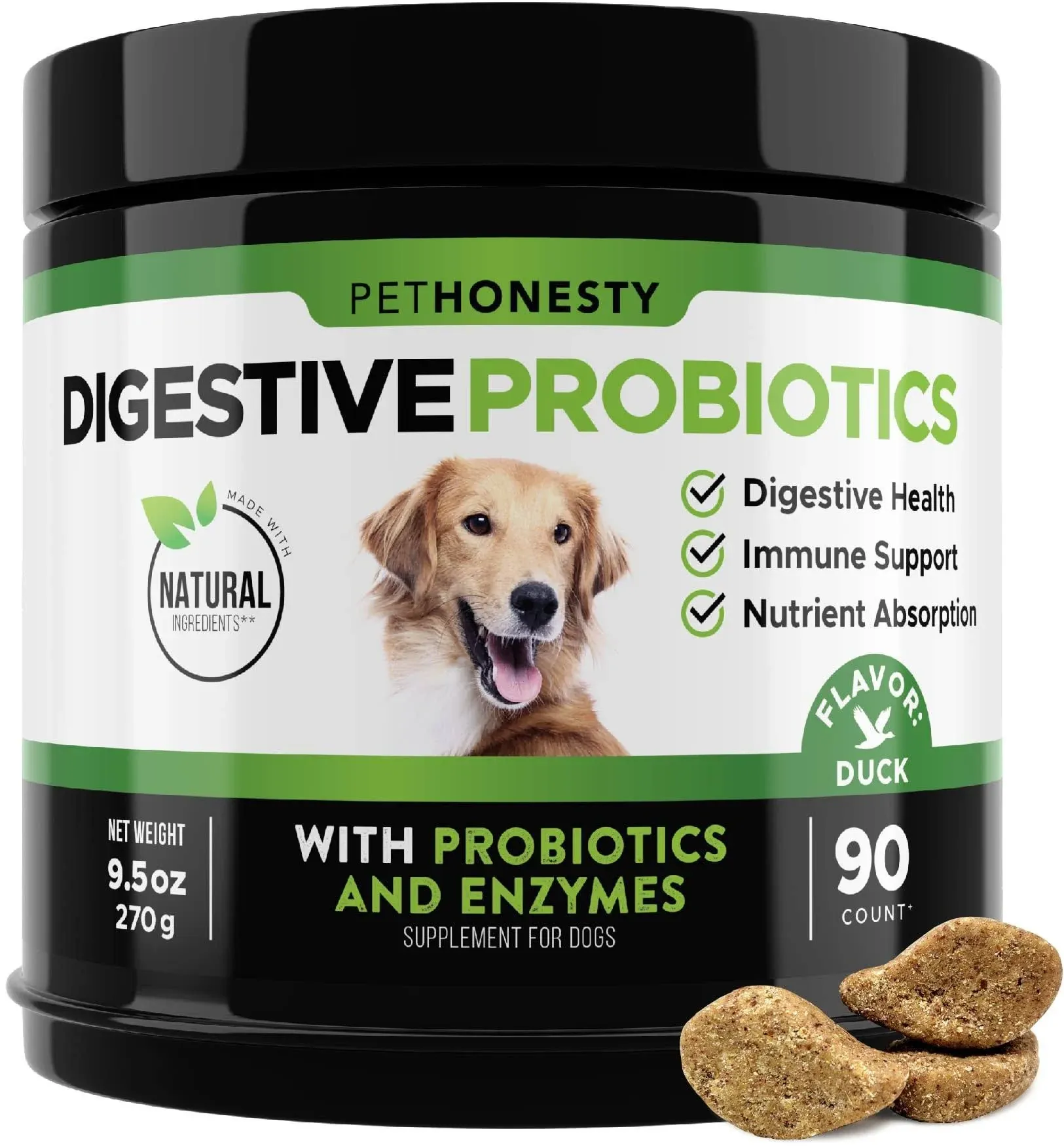 PetHonesty Digestive Probiotics Duck Flavored Soft Chews Digestive Supplement for Dogs, 90 Count