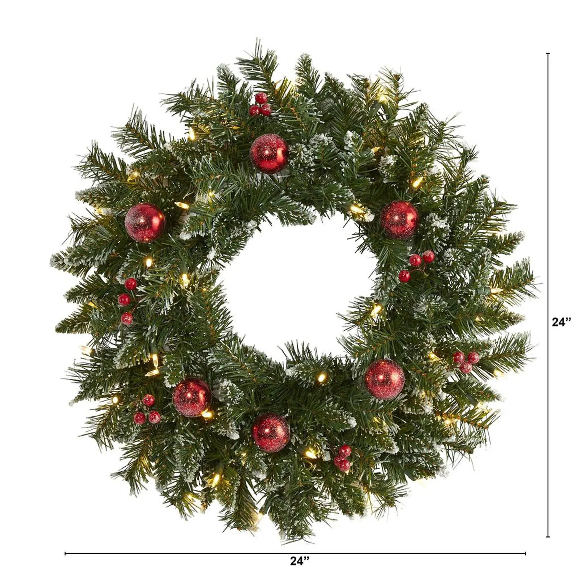 24" White LED Frosted Christmas Wreath with Ornaments & Berries