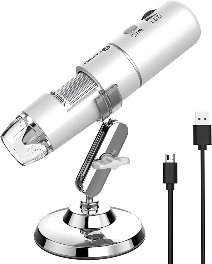 Wireless Digital Microscope Handheld USB HD Inspection Camera 50x-1000x Magnification with Stand Compatible with iPhone, iPad, Samsung Galaxy, Android, Mac, Windows Computer (Silver)