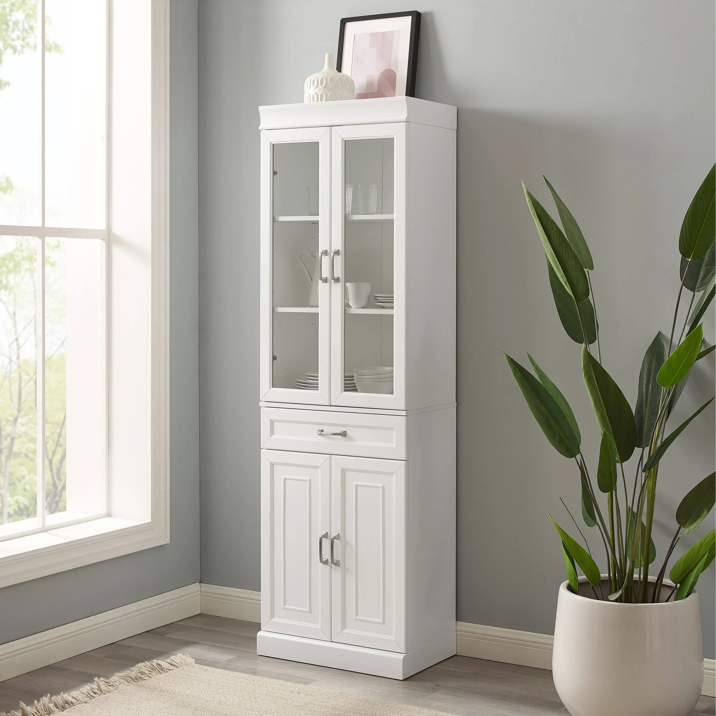 Crosley Stanton White Glass Door Kitchen Storage Pantry Cabinet