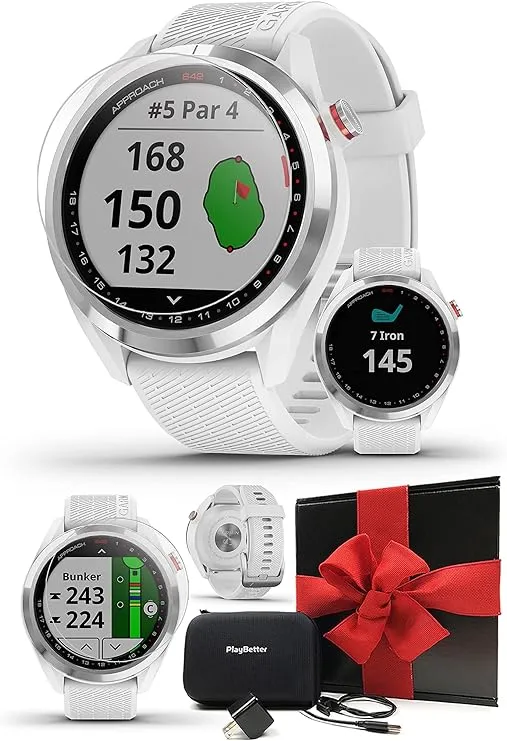 Garmin Approach S42 (Polished Silver/White) Golf GPS Watch - Gift Box Bundle with PlayBetter Wall Adapter, HD Tempered Glass, & Hard Case - 42,000+ Courses, Green View True Shape, & F/M/B Yardage