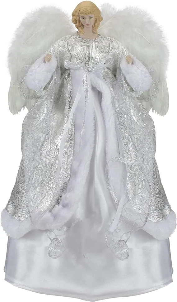 18" Blonde Angel in White and Sliver Dress with Faux Fur Trim Christmas Tree Topper