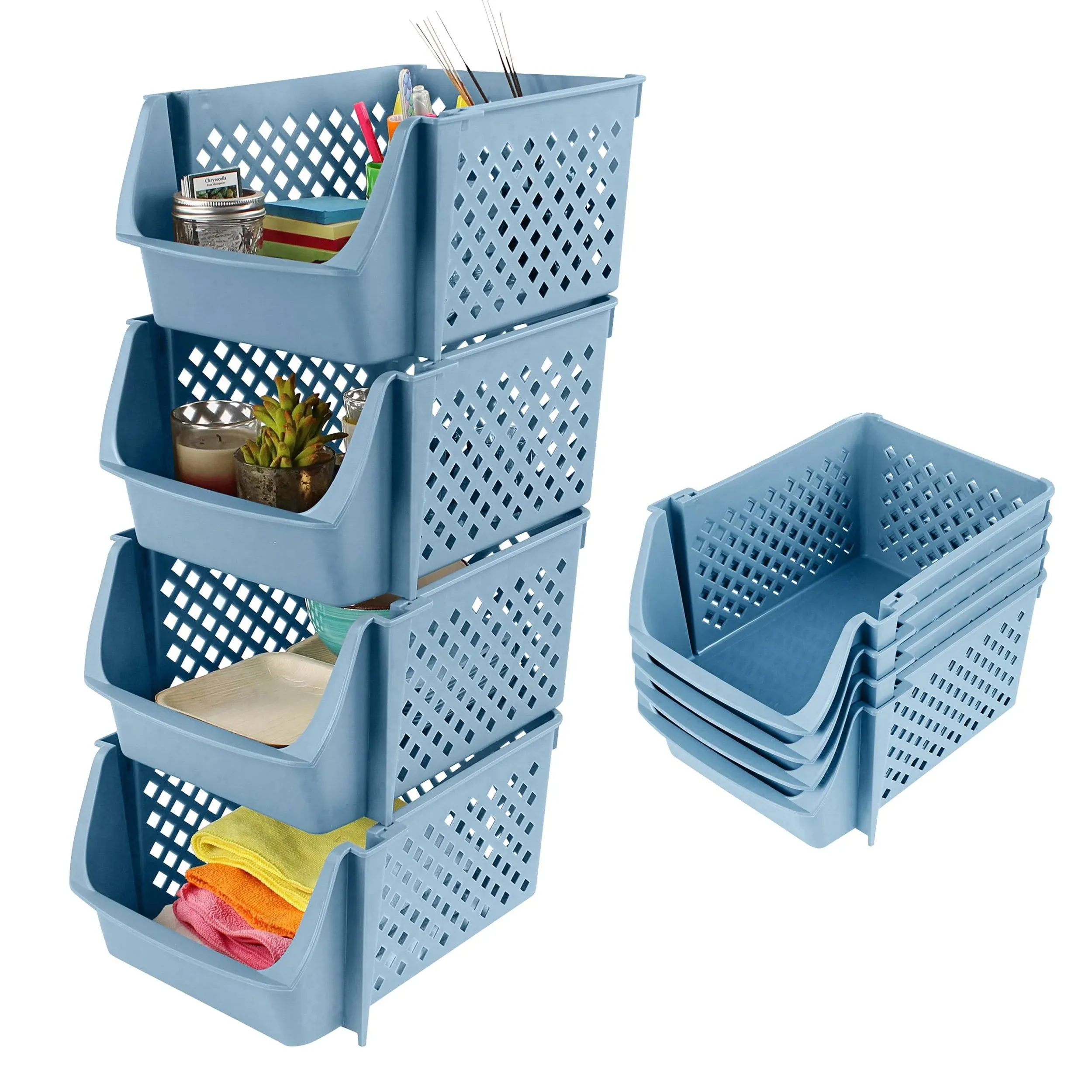 Spec101 Plastic Stackable Storage Bins - 4pc Blue Pantry Closet Organizer Bins