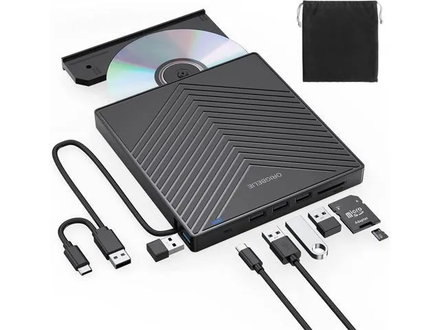 ORIGBELIE External CD DVD Drive, Ultra Slim CD Burner USB 3.0 with 4 USB Ports and 2 TF/SD Card Slots, Optical Disk Drive for Laptop Mac, PC.