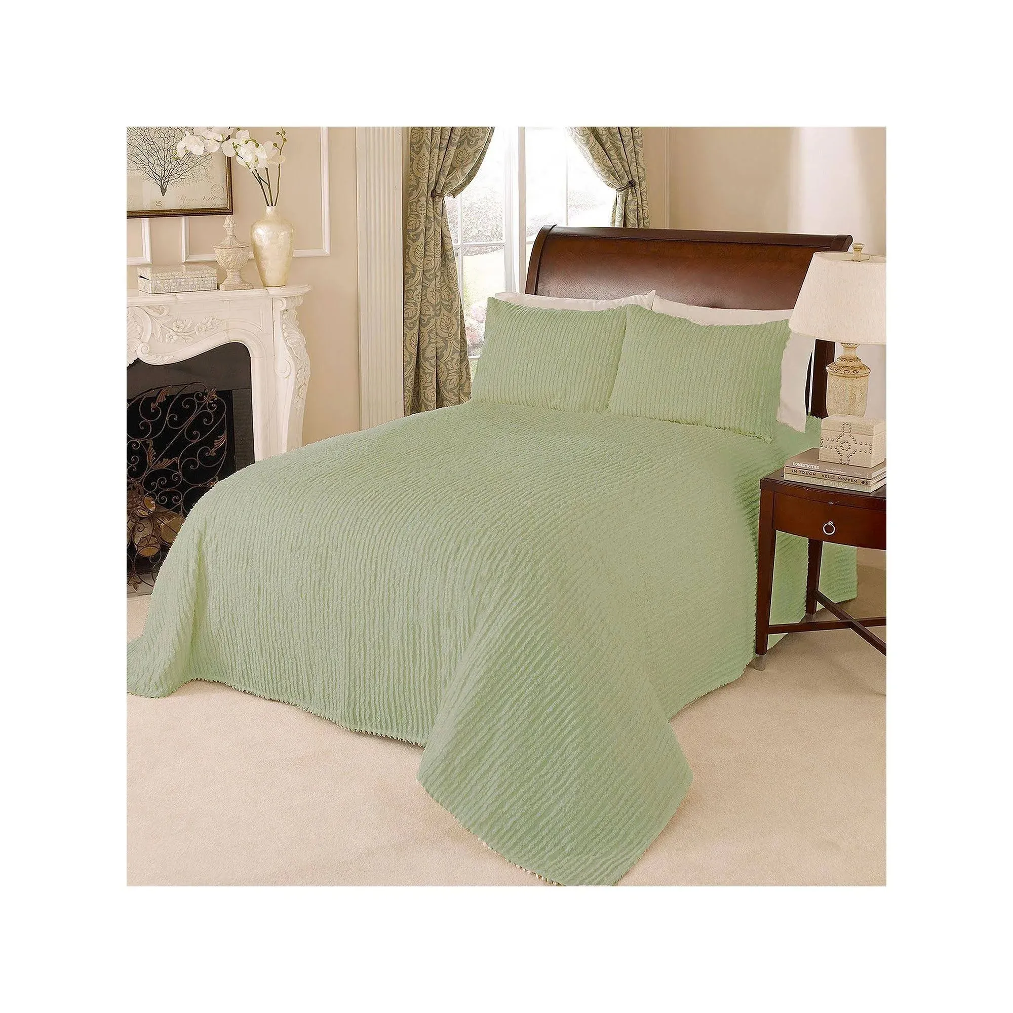 Beatrice Home Fashions Channel Chenille Bedspread, Queen, Sage