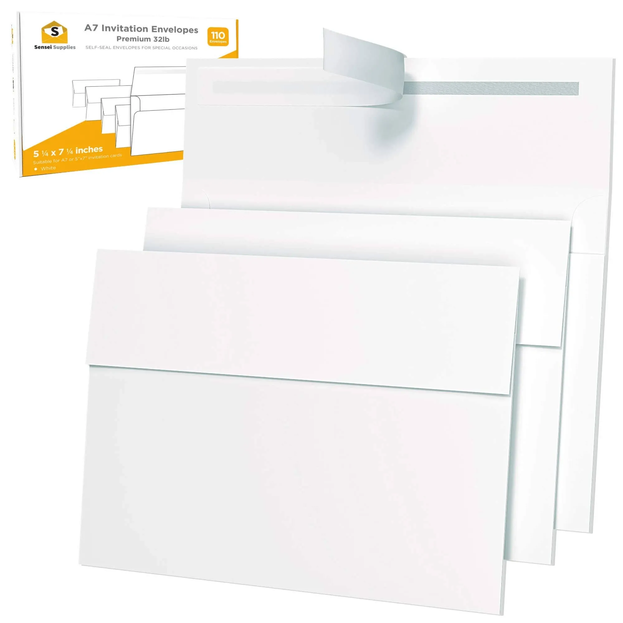 5x7 Envelopes for Invitations - 110 White Envelopes for 5x7 Cards - A7 - (5 ¼ x 7 ¼ inches) - Perfect for Weddings, Graduation, Baby Shower - 120 GSM - Peel, Press & Self Seal - Square Flap